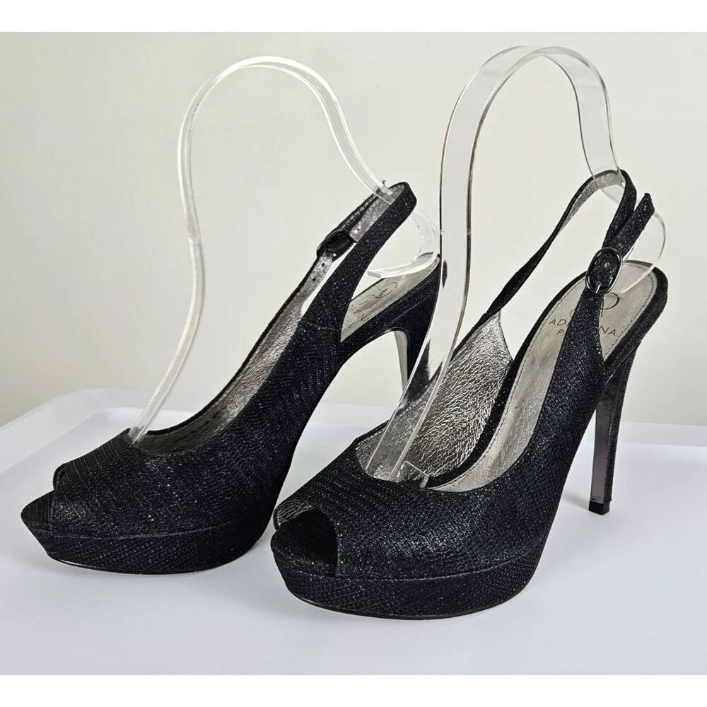 Adrianna Papell Womens Size 7 Black Glitter Peep Toe Slingback High Heels 4.5